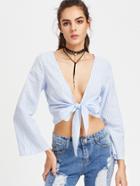 Romwe Vertical Striped Knot Front Crop Top