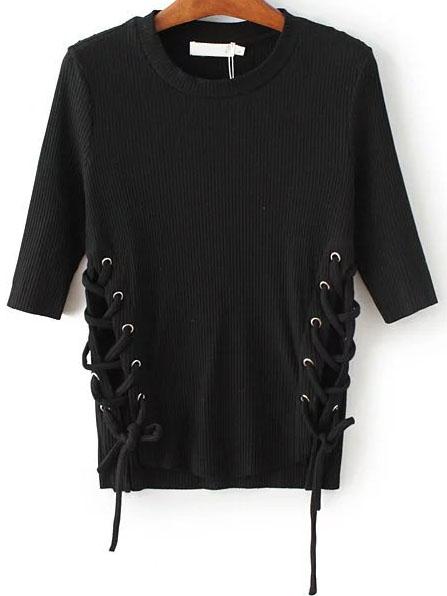 Romwe Black Lace Up Dip Hem Ribbed Knit Sweater