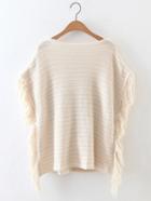 Romwe Beige Open Back Fringe Trim Loose Sweater