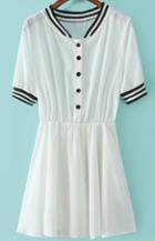 Romwe Contrast Collar With Buttons Pleated Dress