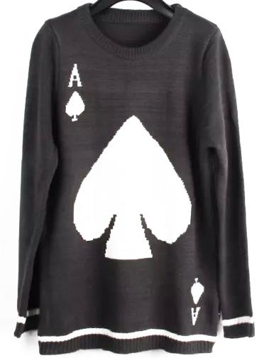 Romwe A Poker Print Striped Trim Grey Sweater