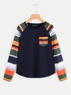 Romwe Contrast Striped Raglan Sleeve And Pocket Top