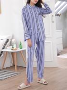 Romwe Striped Asymmetric Hem Shirt & Pants Pj Set