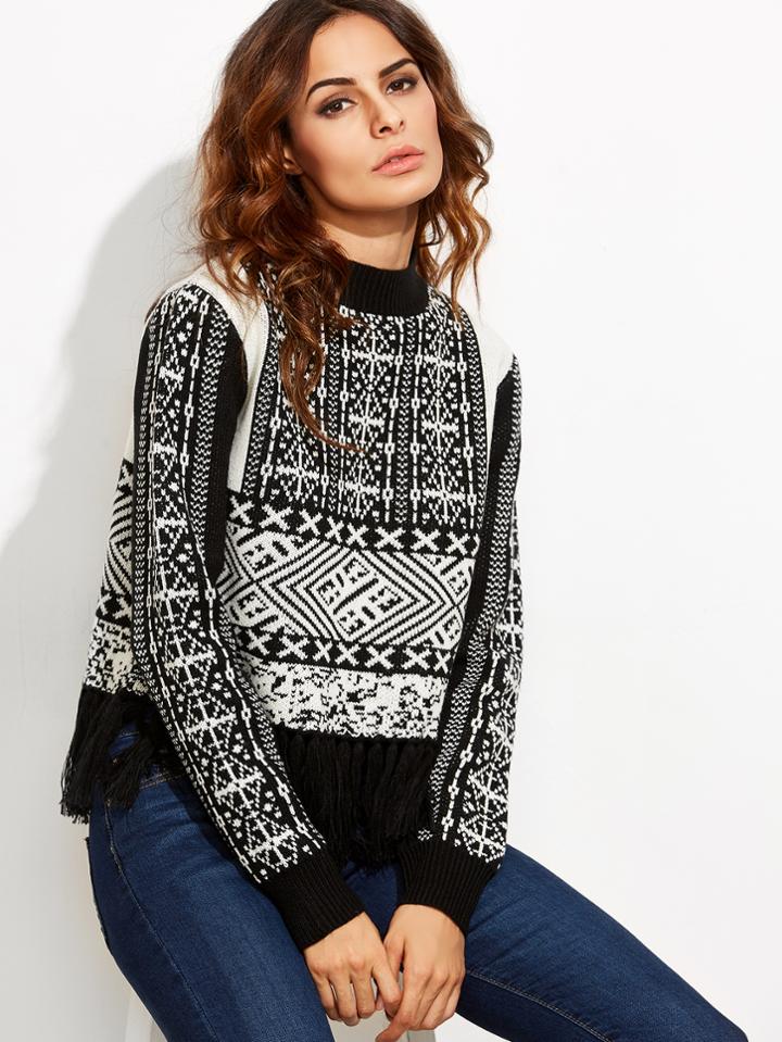 Romwe Black And White Tassel Hem Long Sleeve Sweater
