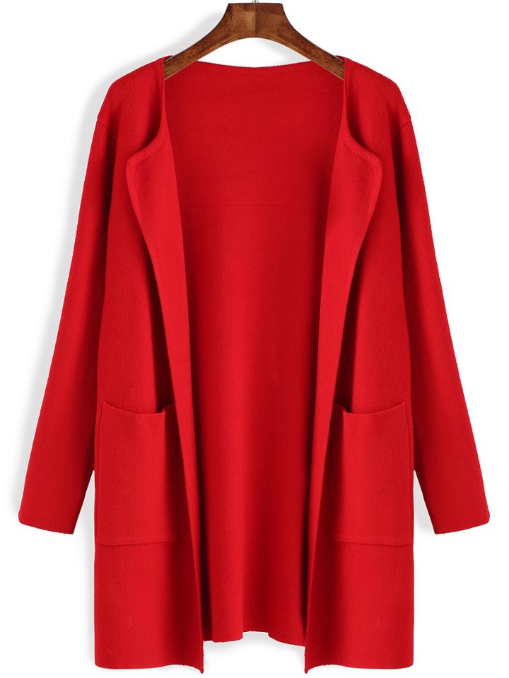 Romwe Pockets Long Red Coat