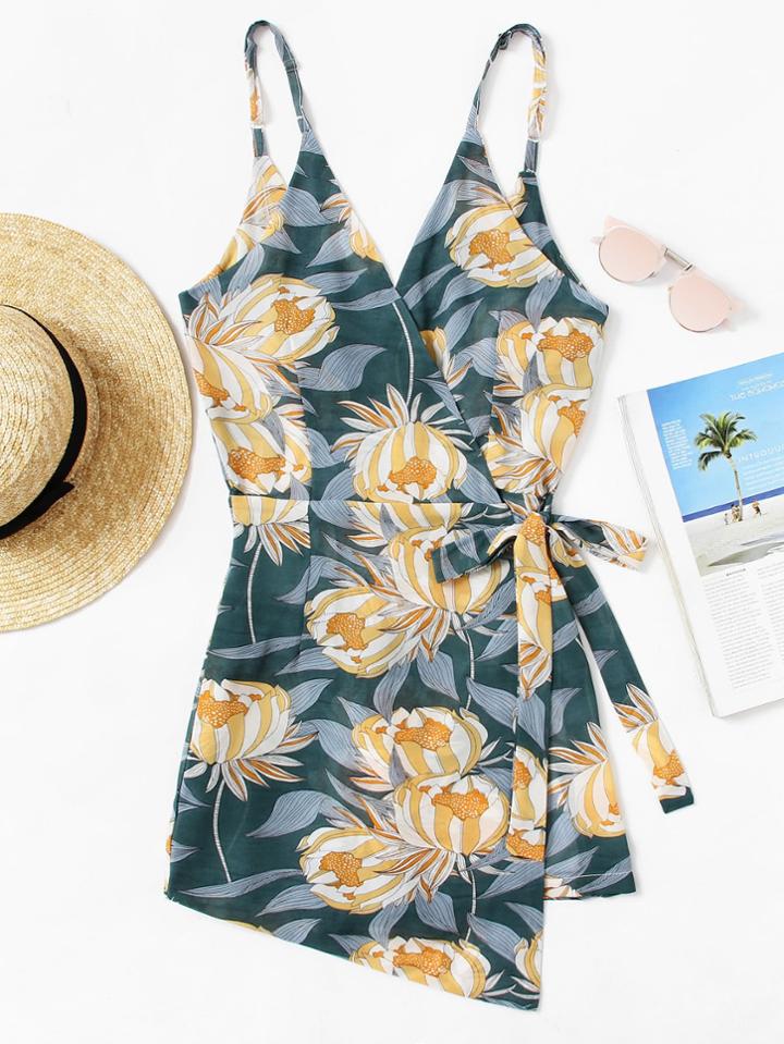 Romwe Surplice Knot Side Random Print Cami Romper