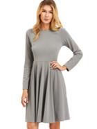 Romwe Dark Grey Pleated Long Sleeve A-line Dress