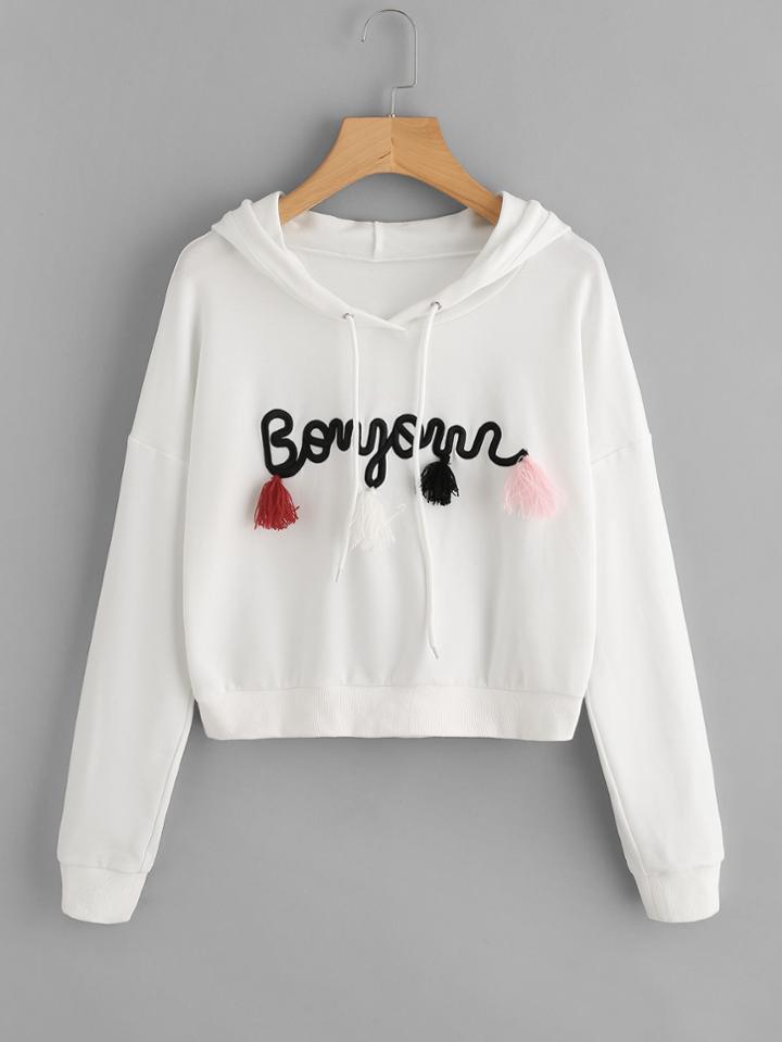 Romwe Drop Shoulder Embroidery Tasseled Front Hoodie