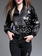 Romwe Black Zipper Embroidered Elastic-waist Jacket Coat