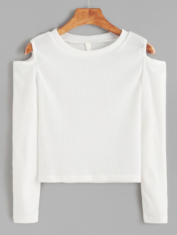 Romwe White Open Shoulder Crop T-shirt
