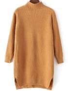 Romwe Mock Neck Dip Hem Split Camel Sweater Dress