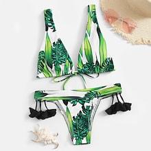 Romwe Random Leaf Print Triangle Top With Cheeky Bikini