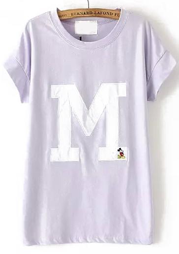 Romwe M Mickey Embroidered Purple T-shirt
