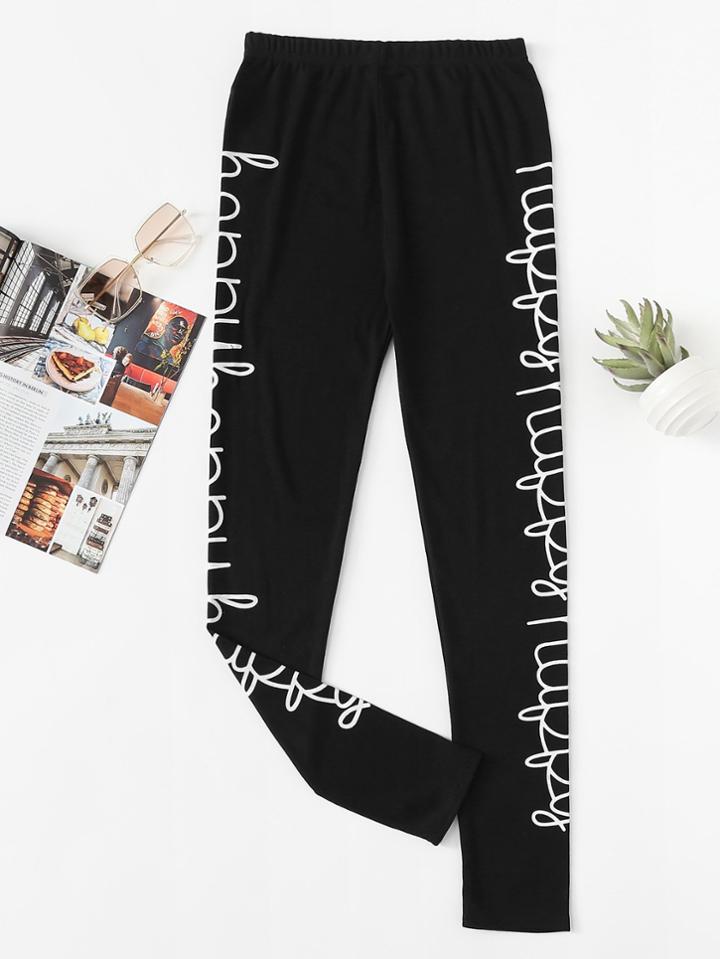 Romwe Elastic Waist Letter Print Pants