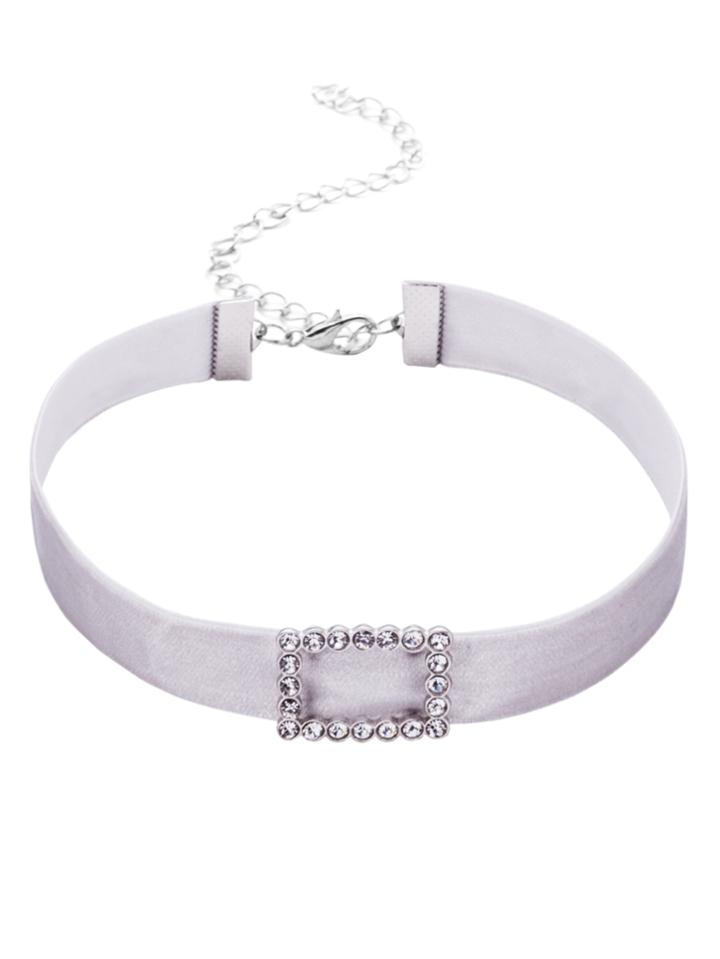Romwe Grey Rhinestone Embellished Unique Velvet Choker Necklace