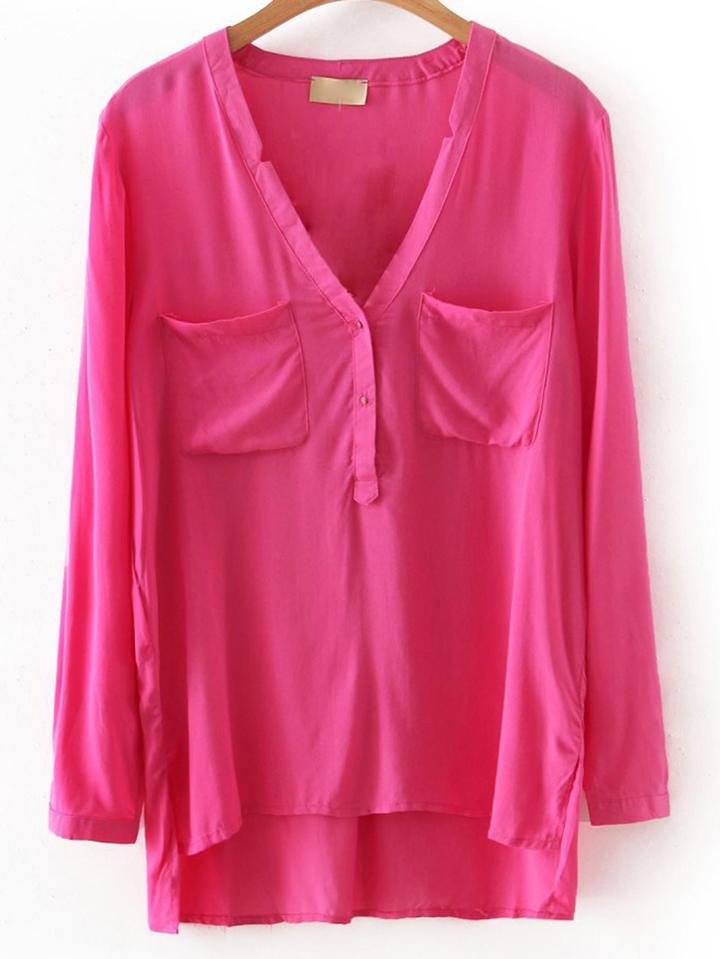 Romwe Rose Red V Neck High Low Pocket Blouse