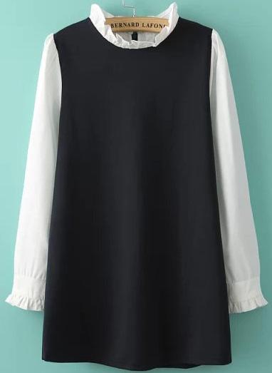 Romwe Black White Long Sleeve Flouncing Dress