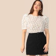 Romwe Plus Tie Back Puff Sleeve Embroidered Mesh Top