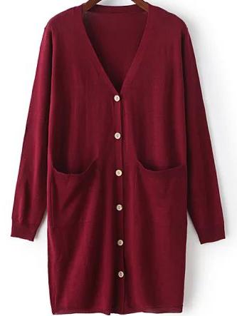 Romwe Pockets Button-down Slit Back Wine Red Cardigan