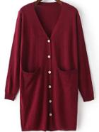Romwe Pockets Button-down Slit Back Wine Red Cardigan