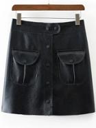 Romwe Black Button Pu Skirt With Pocket