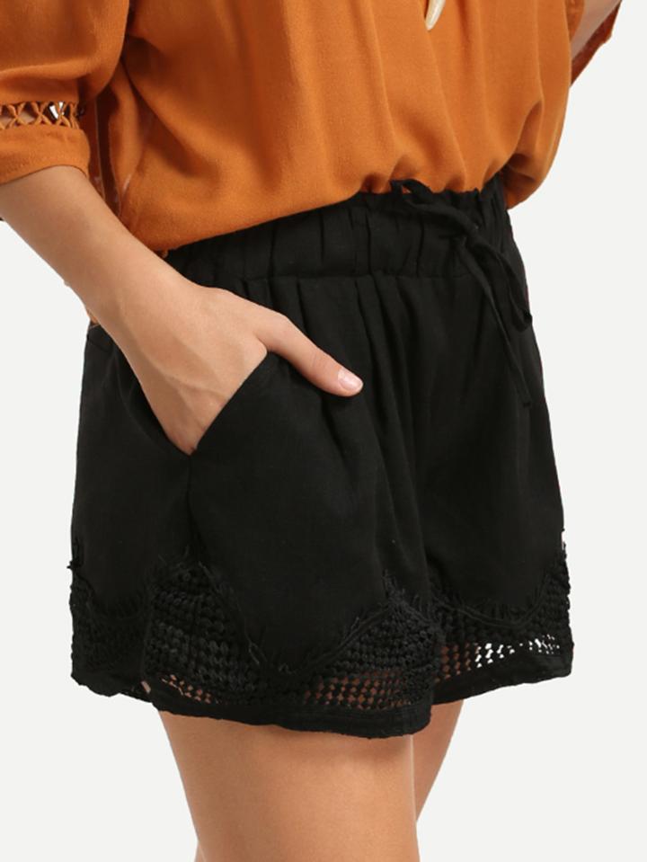 Romwe Black Lace Trimmed Drawstring Waist Shorts