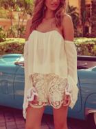 Romwe Beige Spaghettic Strap Bell Sleeve Crochet Lace Blouse