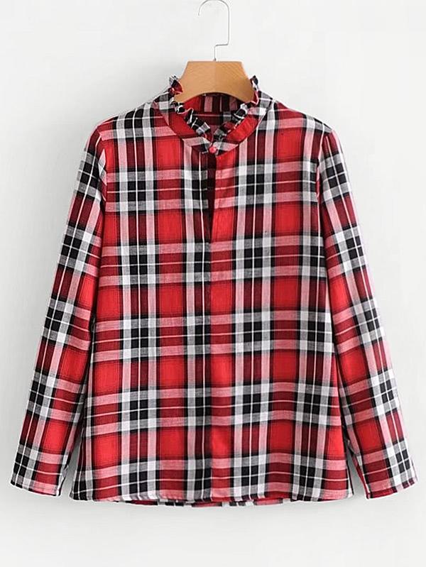 Romwe Frill Neck Plaid Blouse
