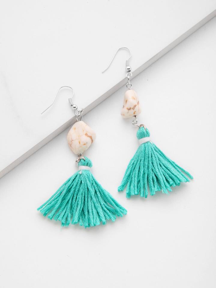 Romwe Tassel Drop Earrings With Stone Detail