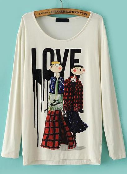 Romwe Rhinestone Character Love Print T-shirt