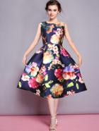 Romwe Sleeveless Florals Flare Navy Dress