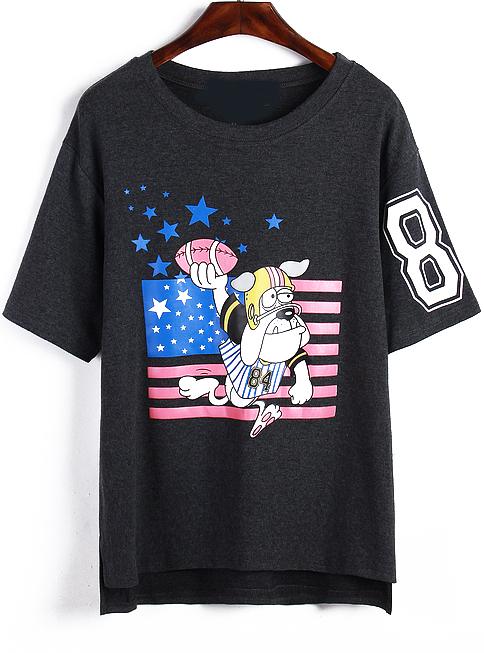 Romwe Cartoon Dog Print Loose Grey T-shirt