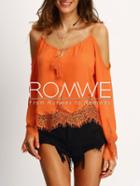 Romwe Orange Cold Shoulder Bell Sleeve Lace Trim Blouse