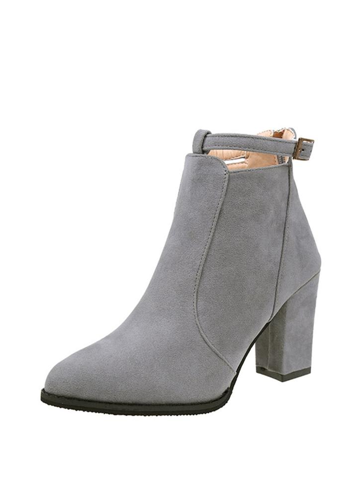 Romwe Almond Toe Block Heeled Suede Boots