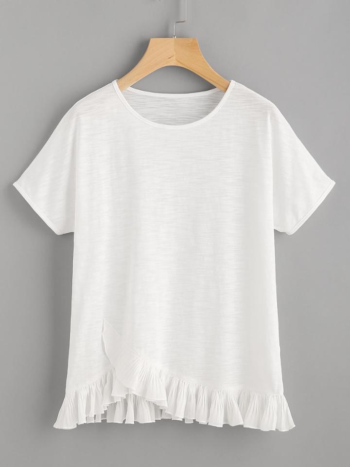 Romwe Pleated Ruffle Trim Overlap Slub T-shirt