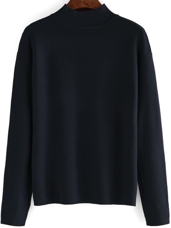 Romwe Mock Neck Long Sleeve Loose Black Knitwear