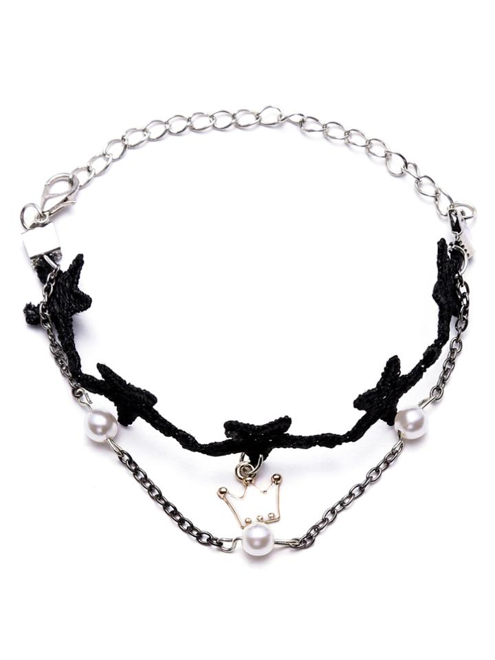 Romwe Black Double Layer Crown Faux Pearl Lace Charm Bracelet