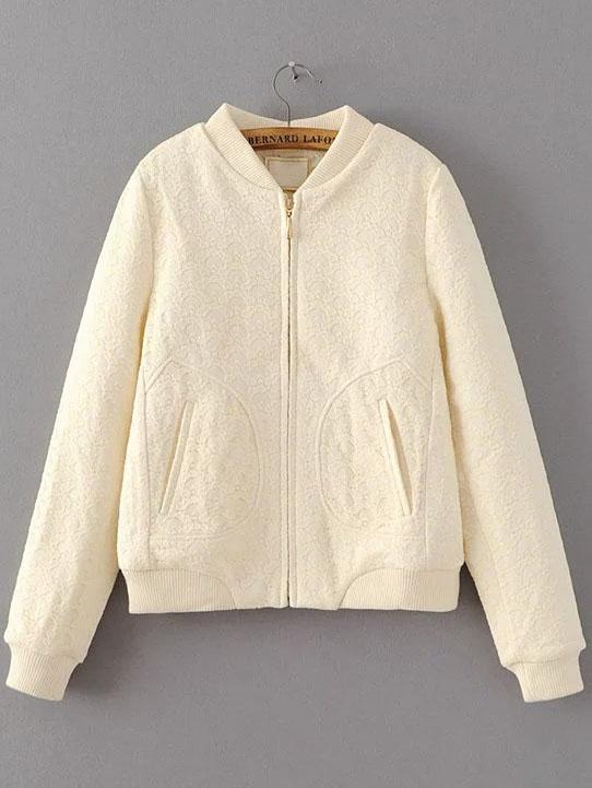 Romwe Beige Ribbed Cuff Lace Overlay Jacket With Pockets