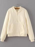Romwe Beige Ribbed Cuff Lace Overlay Jacket With Pockets