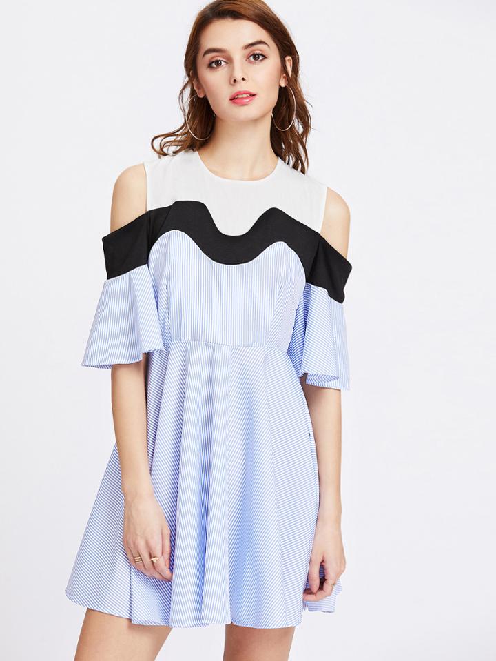 Romwe Open Shoulder Fluted Sleeve Contrast Pinstriped Dress