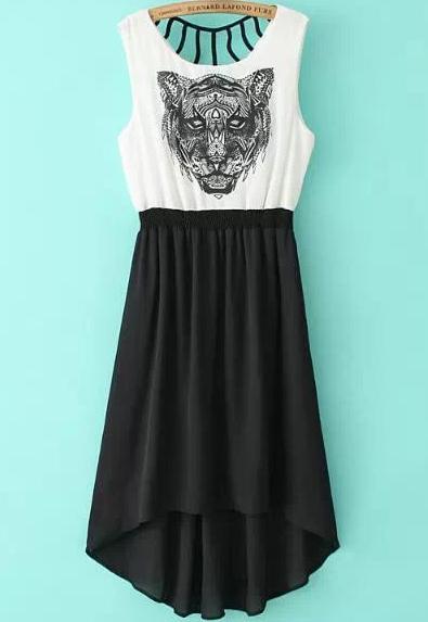 Romwe Colour-block Sleeveless Tiger Print Dress