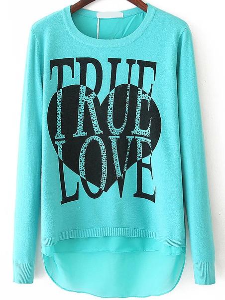 Romwe Chiffon Hem Letter Print Buttons Blue Sweater