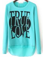 Romwe Chiffon Hem Letter Print Buttons Blue Sweater