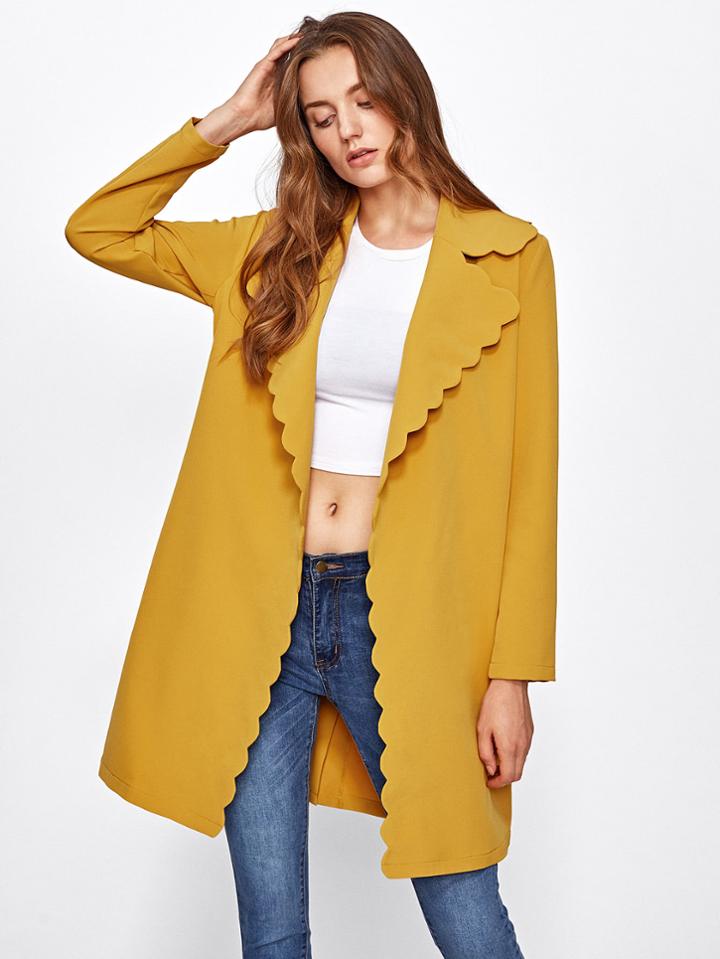 Romwe Scallop Trim Self Belt Coat