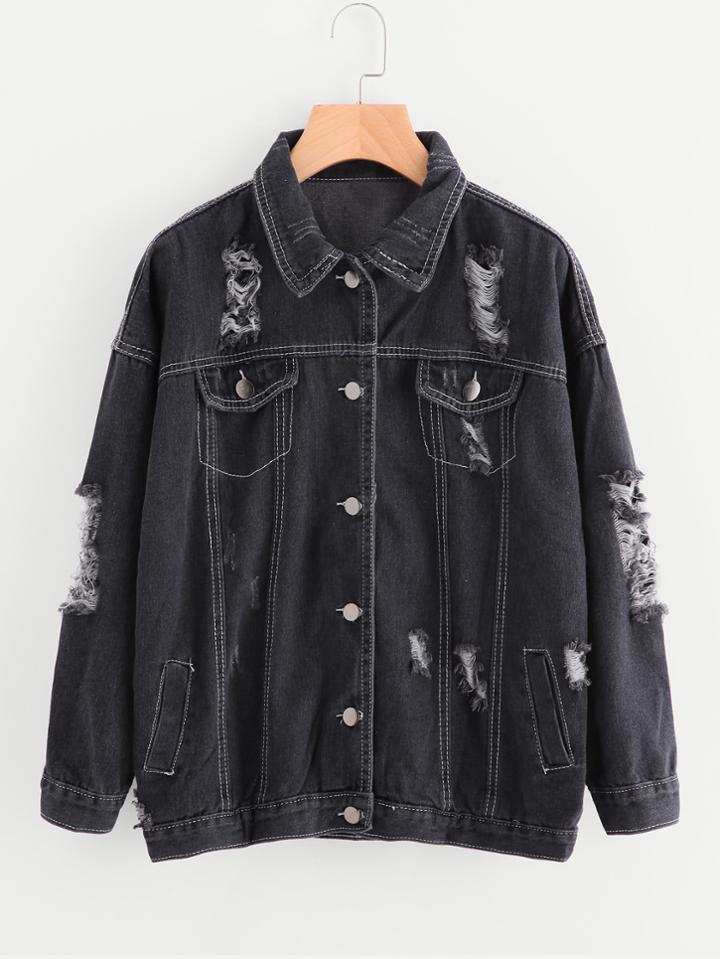 Romwe Ripped Stitch Detail Denim Jacket