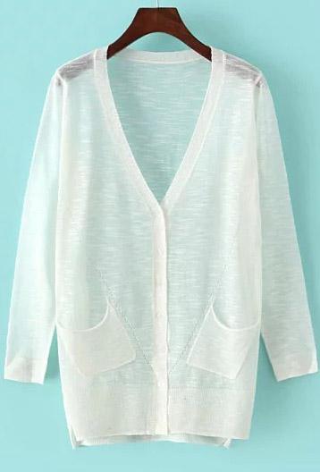 Romwe Dip Hem With Pockets White Cardigan