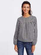 Romwe Buttoned Keyhole Ladder Lace Insert Gingham Top