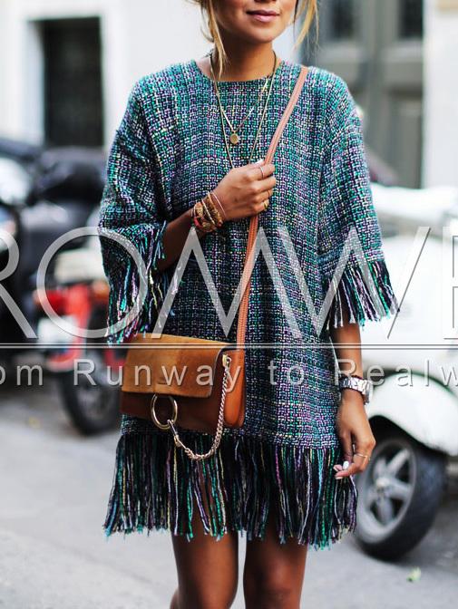 Romwe Crew Neck Fringe Hem Tweed Tunic Dress