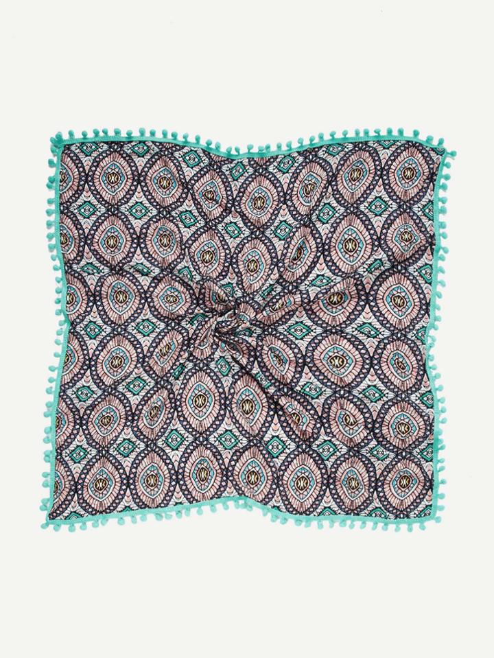 Romwe Pom Pom Trim Geometric Print Scarf