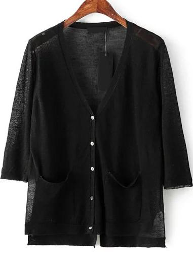 Romwe With Pockets Dip Hem Black Cardigan